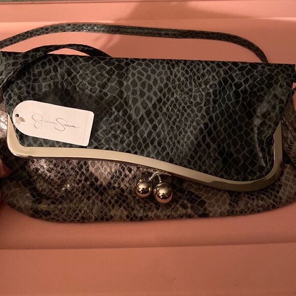 Jessica Simpson Clutch Strap Purse Jade/Grey Faux Snakeskin Print - Picture 1 of 7